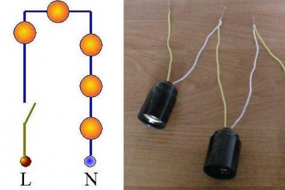Esquemas de conexão e conexão de dois interruptores para um e dois grupos de lâmpadas